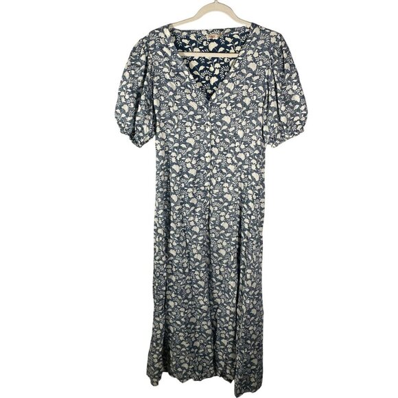 FAHERTY Havana Prairie puff sleeve Linen midi Dress size M Indigo Echo Floral - Picture 2 of 13